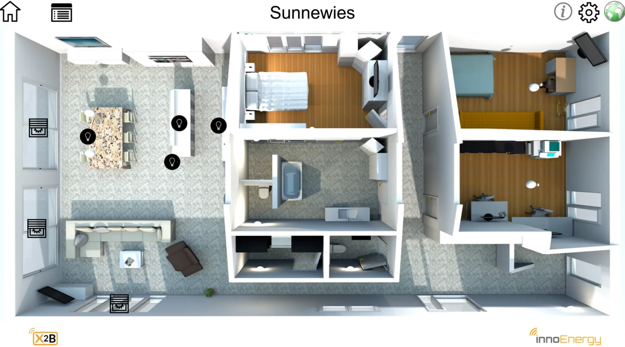 Visualisierung eines Wohnhauses in X2B: Grundriss mit Licht und Beschattung.